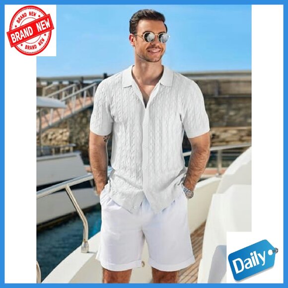 Men's Knit Short Sleeve Button Down Polo Shirt Vintage Cable Casual - Picture 4 of 8